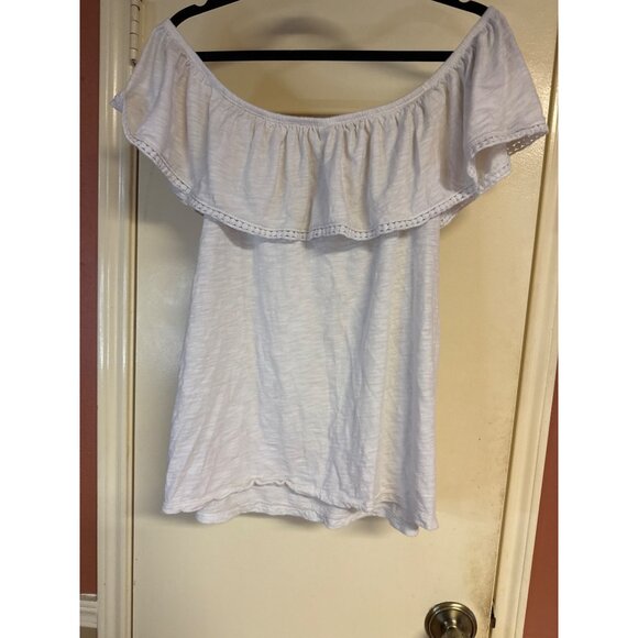 Old Navy Womens White Off-Shoulder Ruffle Top L 100% Cotton Lightweight Flowy Bl - Picture 5 of 5